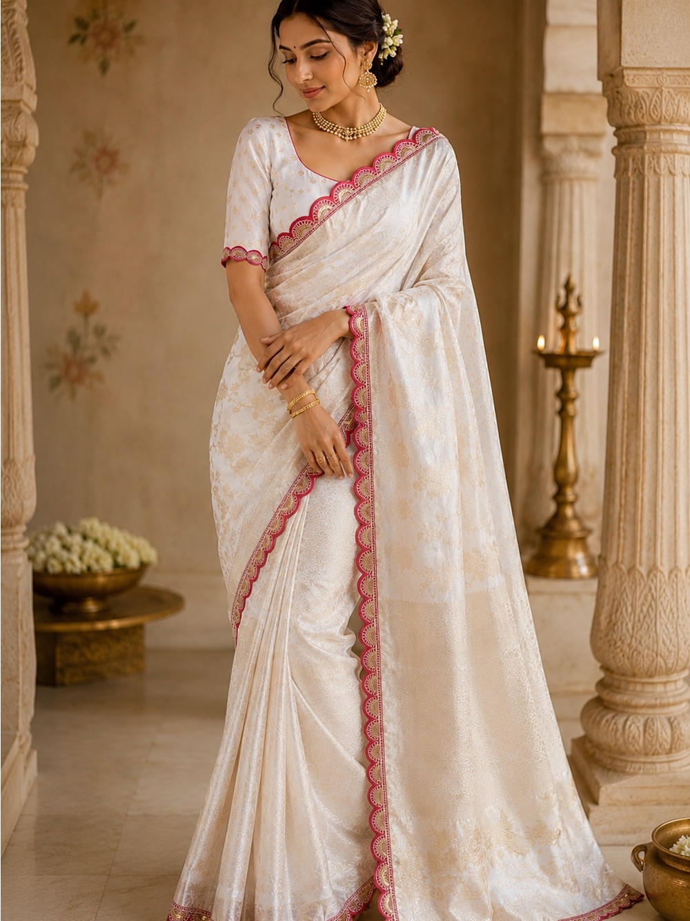 White Pure Banarsi Silk saree with red and gold scalloped Border